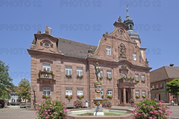 Baroque town hall built in 1738 with market fountain, St George's Fountain, St George, sculpture,