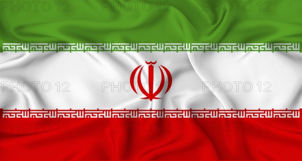 Realistic Iran flag waving. Close up of flag of Iran with cloth texture