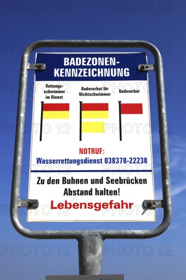 Warning sign, bathing zone labelling at the North Sea, Germany