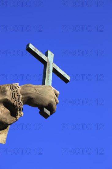 Detail of hand with cross, St John of Nepomuk on the Old Main Bridge, Würzburg, Lower Franconia,