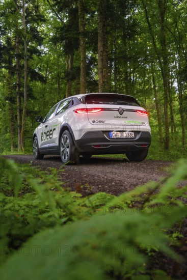 Car on forest road with shining rear lights surrounded by dense green forest, Deer E- CarSharing,