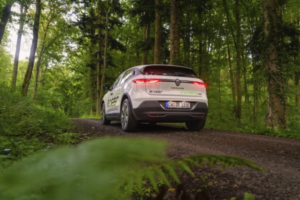 Car with glowing tail lights drives through green forest path, surrounded by nature, Deer E-