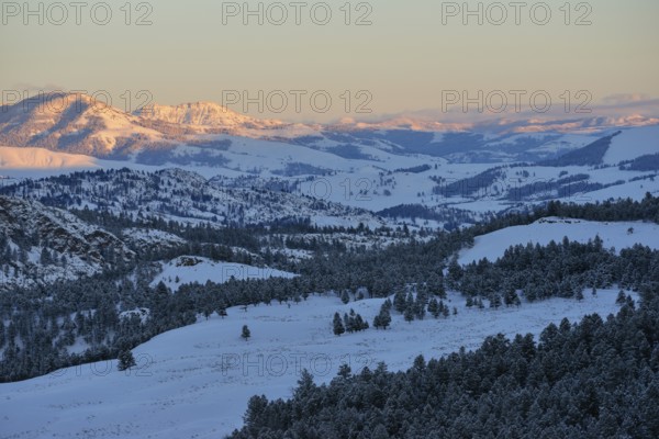 View of wide, gentle valleys... Yellowstone National Park (North America) in winter, view into the