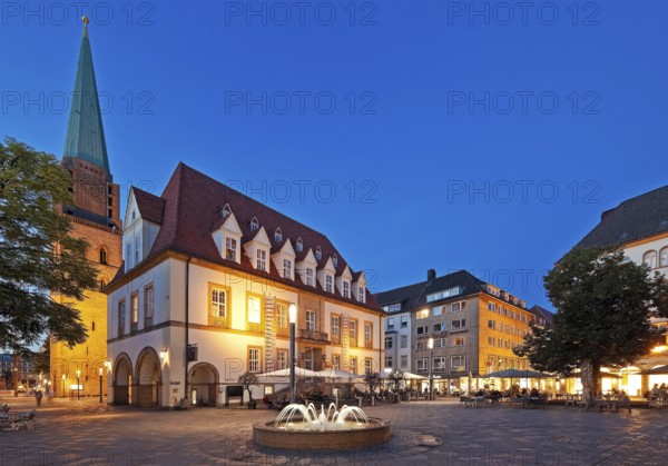 Old Market with Old Town Nicolai Church and TAM Theatre in the evening, Bielefeld, East