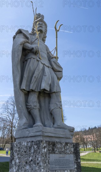 Sculpture of the church patron St Theodore in front of the east tower of the baroque Basilica of St