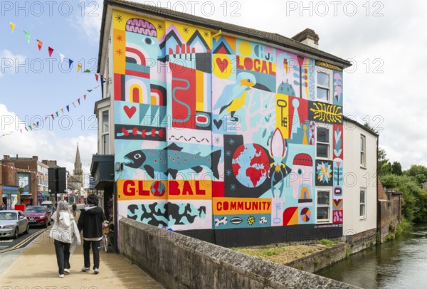Colourful mural on wall of building by Salisbury Civic Society 2023, Fisherton Street, Salisbury,
