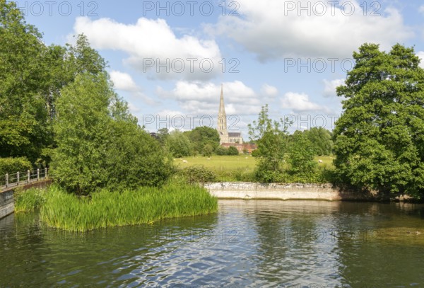 View from Harnham Lock over water meadows to Salisbury cathedral church, Salisbury, Wiltshire,