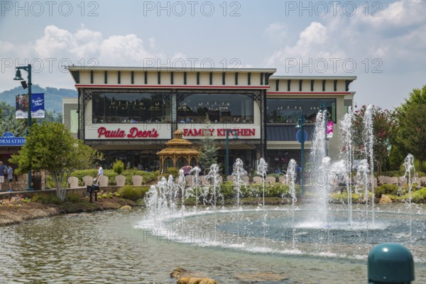 Water fountain in front of Paula Deen's Family Kitchen restaurant at The Island recreation area in