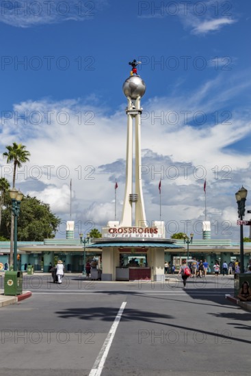 Replica of the Crossroads of the World tower and spinning globe at the entrance to Disney Hollywood