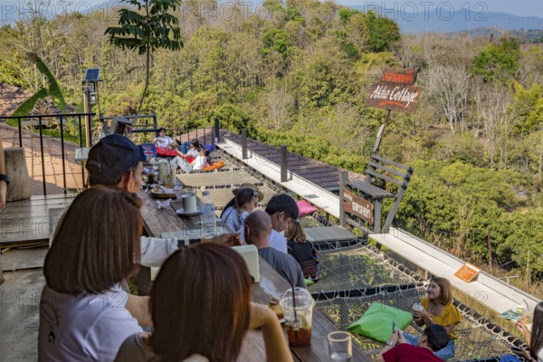 Customers eat, drink and relax on a net suspended over the hillside at the Akha Cottage restaurant