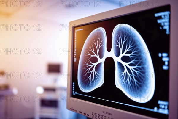 Close-up of computer monitor displaying lung scan in hospital or doctor's practice room. Generative