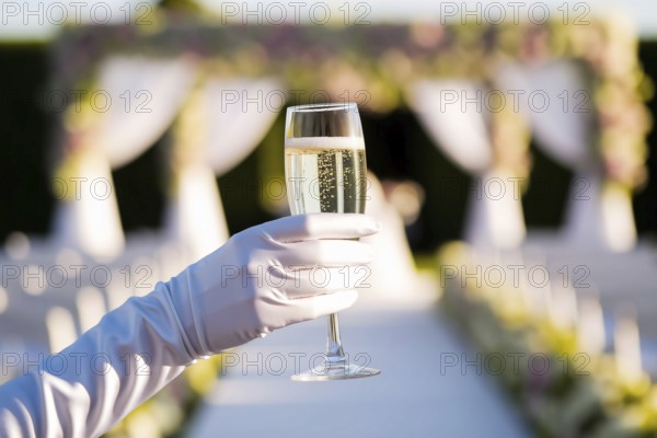 Close-up of a pristine white silk glove holding a champagne flute at a vibrant daytime wedding.