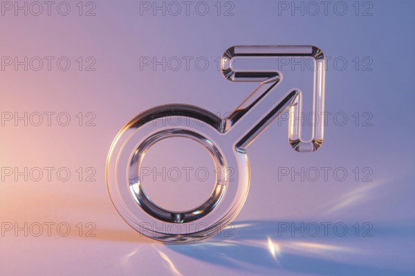 Male gender symbol made out of glass on pink background symbolizing fragile masculinity.