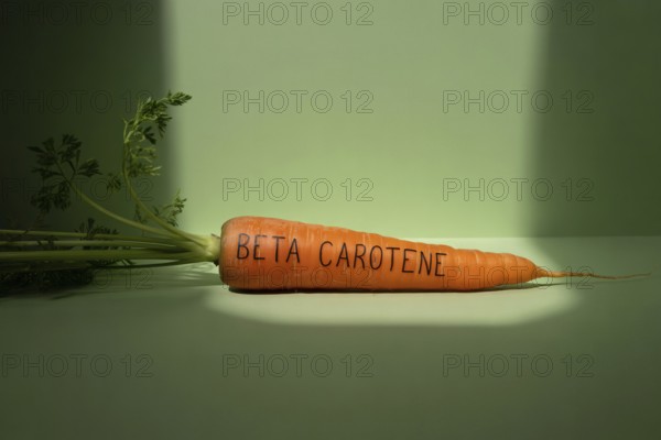 Orange carrot with beta carotene inscribed on its surface. Studio image highlighting nutrient