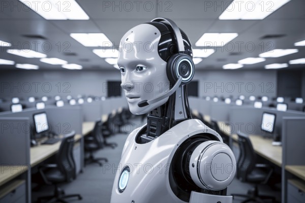 White AI robot with headset in empty call center. Automation replacing human customer service roles
