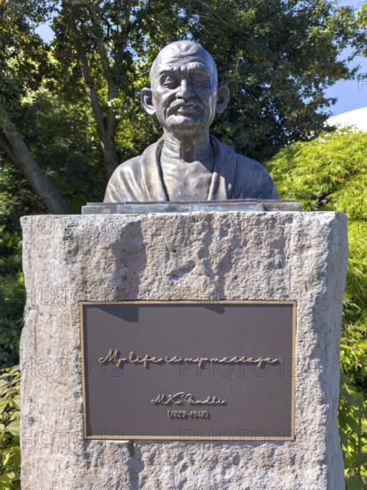 Bronze figure of Mahatma Gandhi in the park of the Seattle Space Needle, Seattle, Washington, USA,
