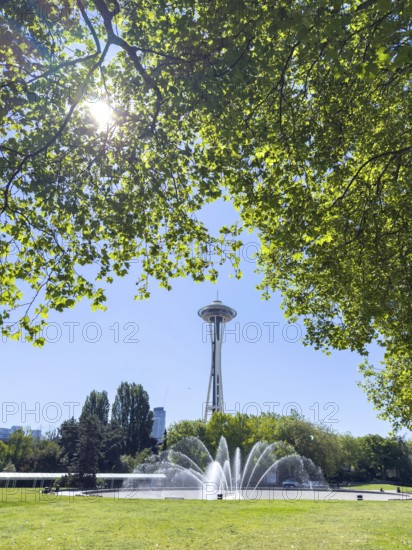 Fountain of the International Fountain with Space Needle in the background, Seattle, Washington,