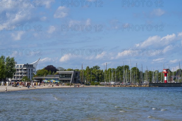 Baltic Sea information centre, lighthouse at the harbour, coastline, Eckernförde, Baltic Sea,