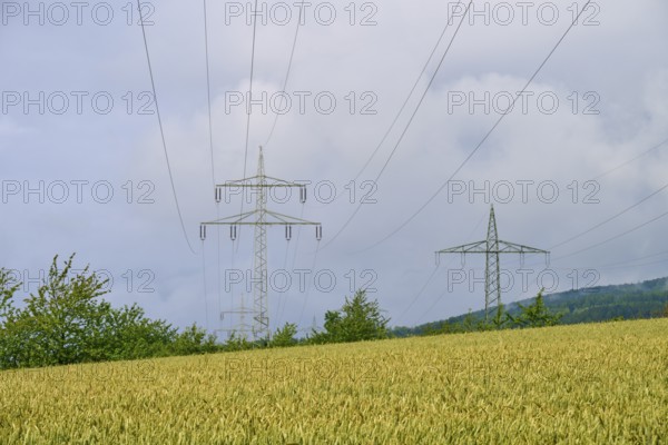 Crop field under cloudy sky with electricity pylons, summer, Germerode, Geo nature park Park