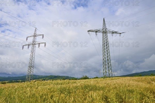 Crop field with electricity pylons, under a cloudy sky, summer, Germerode, Geo nature park Park