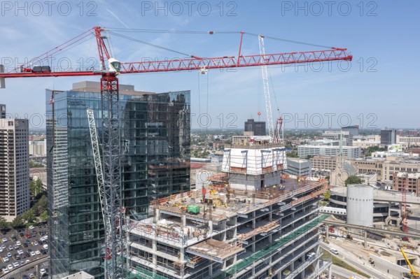Detroit, Michigan - Construction of the 25-story JW Marriott Detroit Water Square hotel. The