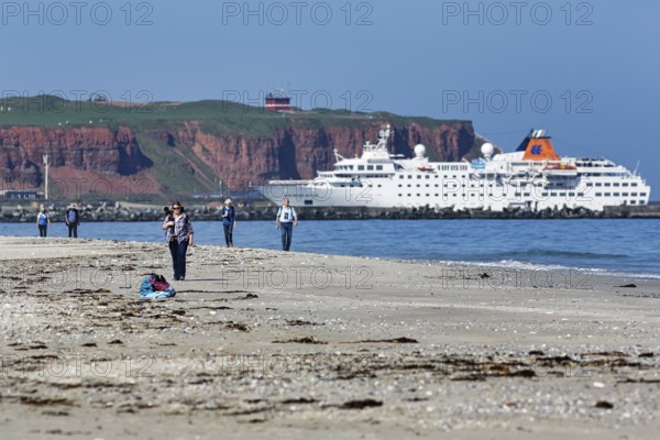 Tourists and photographers on the beach of the Heligoland dune, cruise ship in front of cliffs,