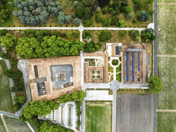 Top Down view over Chateau d'Armailhac Vineyard and grape fields around Pauillac and Gironde