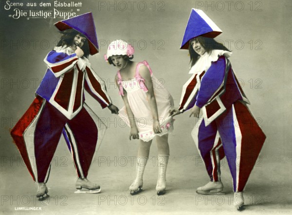 Ice ballet, 1920s, performers in eye-catching costumes interacting with a performer on skates,