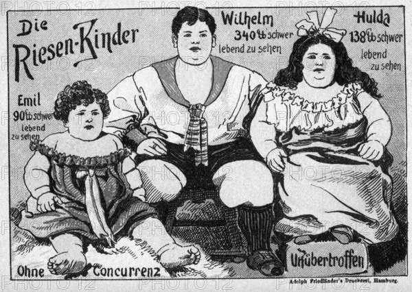 Advertising poster, The Giant Children, 1910s, poster advertising giant children as an attraction,