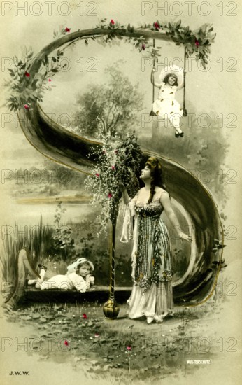 Woman with 2 children 1910, Two girls, one swinging high, surrounded by lush vegetation in a