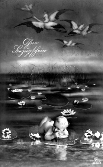 Baby lying on a leaf, 1910, A baby lies on a water lily among flying storks in a surreal