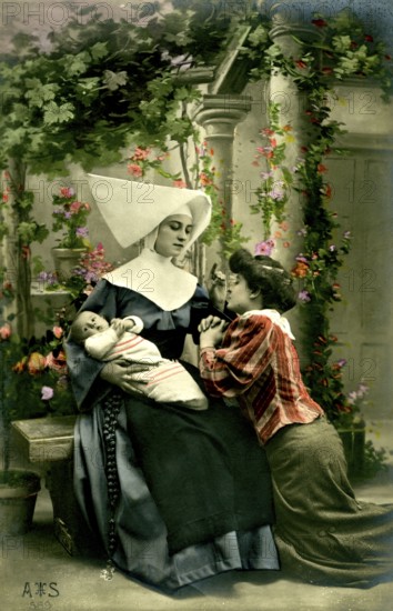 Nun, woman, baby, 1920, A nun holds a child, a woman kneels next to her in a flowering garden,