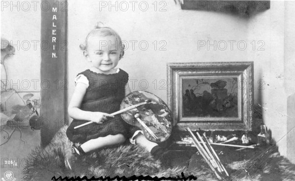 Painting, Painting, Art, Culture, Girl, Infant, Child, People, Single, Sitting, Landscape, 1910s, A