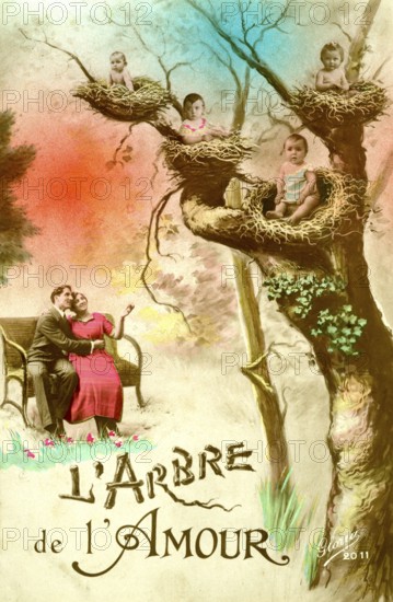 Babies in a tree, 1910, An artistic tree with lovers and children in nests, radiates a romantic