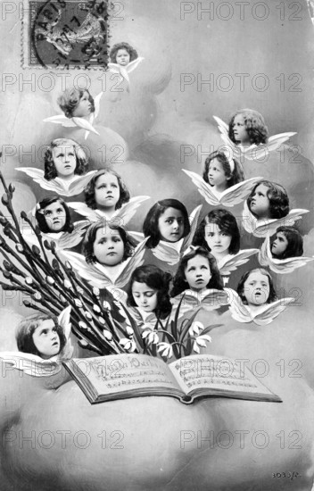 14 Children as angels, 1910, Illustration of angel children whose heads float out of an open book,