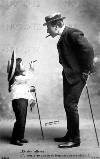 Girl asks man for a light, 1910, A father and his daughter humorously re-enact smoking, creating a