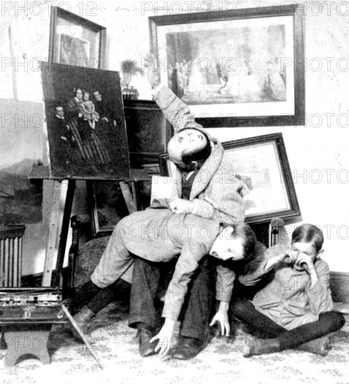 Boys prank shots, 1920s, children in a room with paintings, playing and posing, creative and
