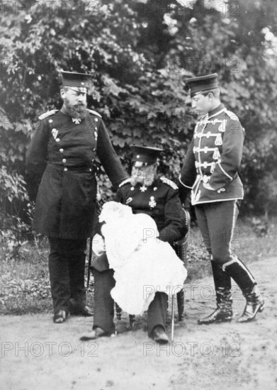 Original photo of the three emperors William I, Frederick III and William II with their son, 1910s,