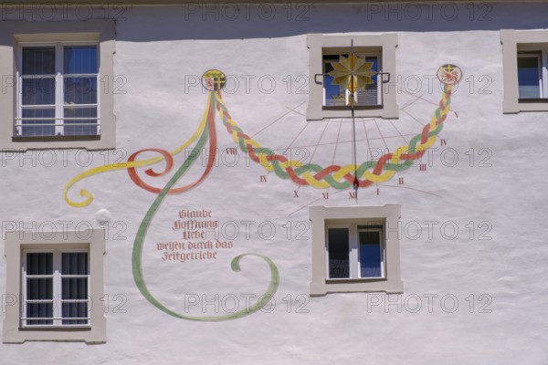 Sundial, Faith, Hope and Love, inner courtyard, St Stephen's Cathedral, Passau, Lower Bavaria,