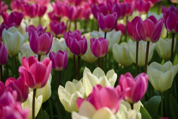Pink and white tulips bloom brightly in the open air and radiate a lively spring atmosphere,