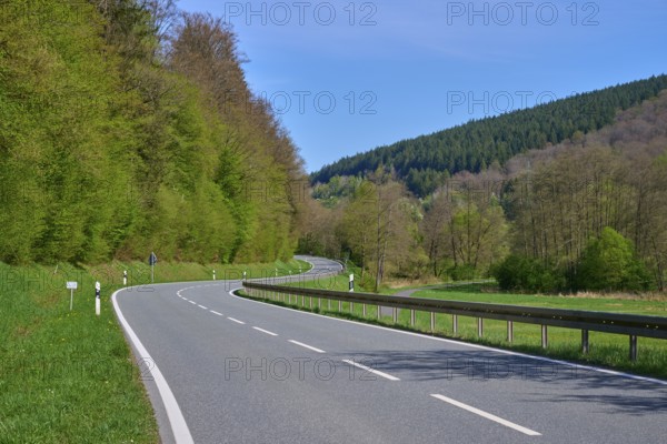 Winding country road leads through a green, wooded landscape under a clear sky, spring, Burgsinn,