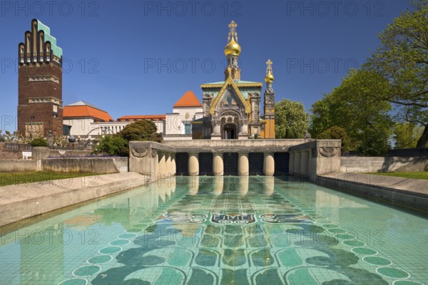 Wedding Tower, Russian Chapel and Lily Basin, Mathildenhöhe, UNESCO World Heritage Site, Darmstadt,