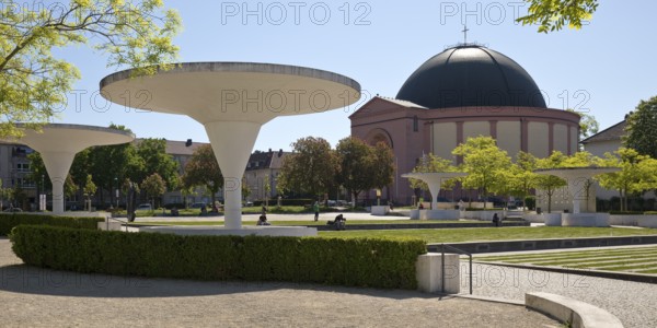 Georg-Büchner-Platz with white concrete mushrooms and St Ludwig's Church, public square, Darmstadt,