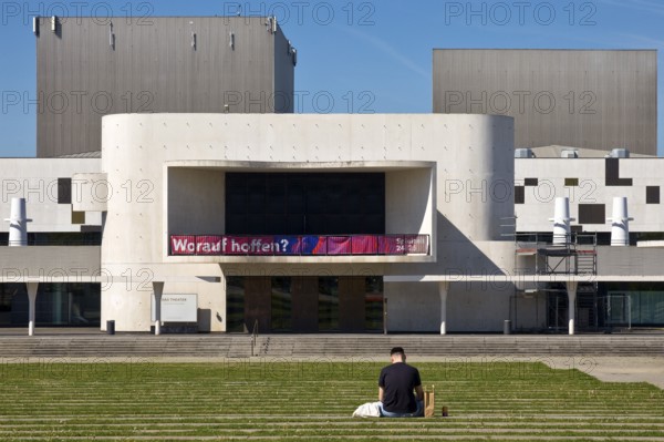 Georg-Büchner-Platz, concrete strip and grass strip with state theatre, public square, Darmstadt,
