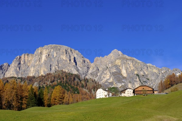 Farmhouses under the Sassongher, near Colfosco, Alta Badia, Val Badia, Dolomites, South Tyrol,