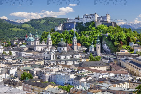 Panoramic view from the Mönchsberg with the churches of the old town and Hohensalzburg Fortress,