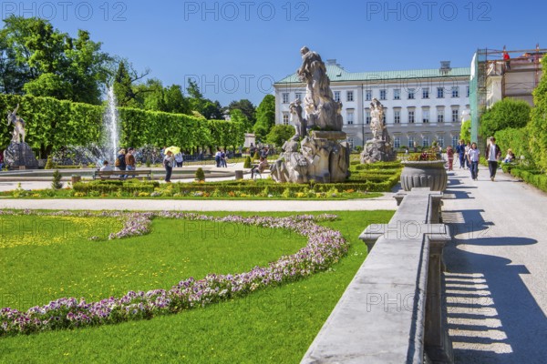 Fountain in Mirabell Gardens with Mirabell Palace, Salzburg, Salzach Valley, Salzburg Province,
