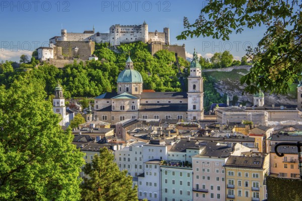 Panoramic view from the Kapuzinerberg to the historic city centre with Hohensalzburg Fortress,