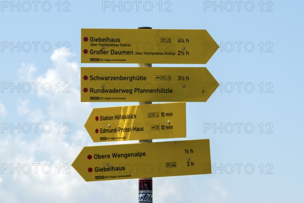 Hiking signpost on the Nebelhorn, Oberstdorf, Allgäu Alps, Oberallgäu, Bavaria, Germany