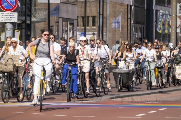 Central cycle path along the Vredenburg, in the city centre of Utrecht, lanes for pedestrians,